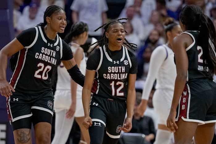 MiLaysia Fulwiley celebrates making a play against LSU (25th Jan., 2024)